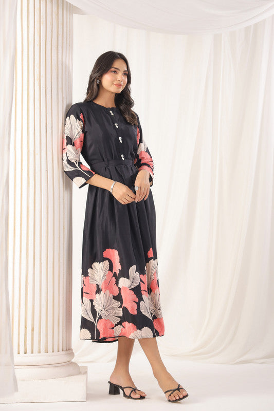 Black Floral Elegance Russian Silk Midi Dress