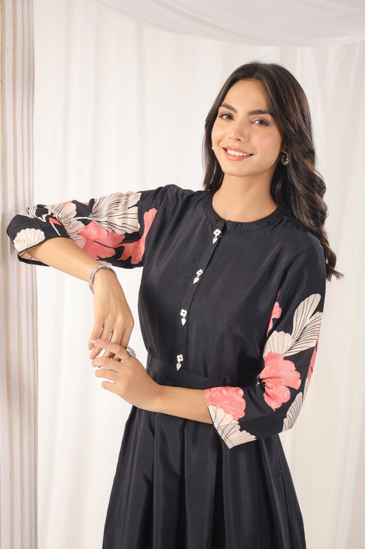 Black Floral Elegance Russian Silk Midi Dress