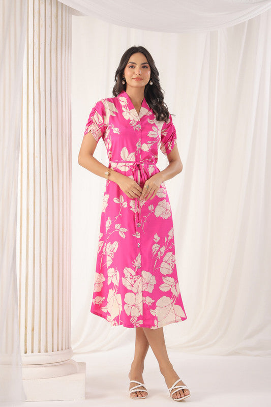 Pink Bloom Belted Russian Silk Dress