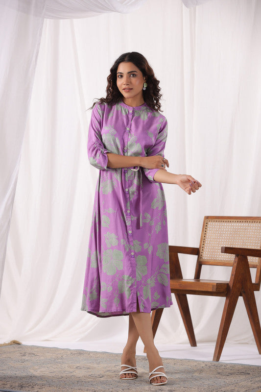 Lavender Leaf Belted Russian Silk Dress