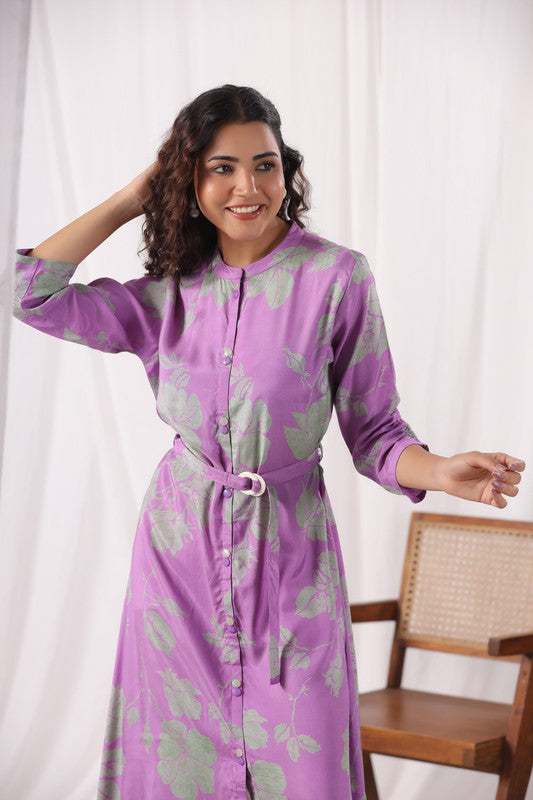 Lavender Leaf Belted Russian Silk Dress