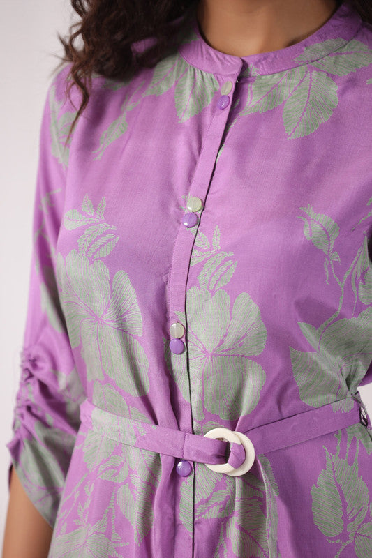 Lavender Leaf Belted Russian Silk Dress