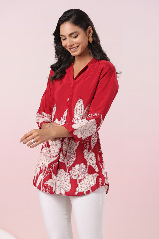 Elegant Maroon Russian Silk Floral Print Top