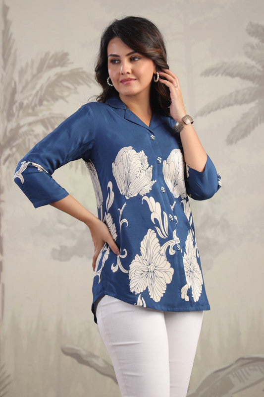 Elegant Floral Print Blue Tunic Russian Silk Top