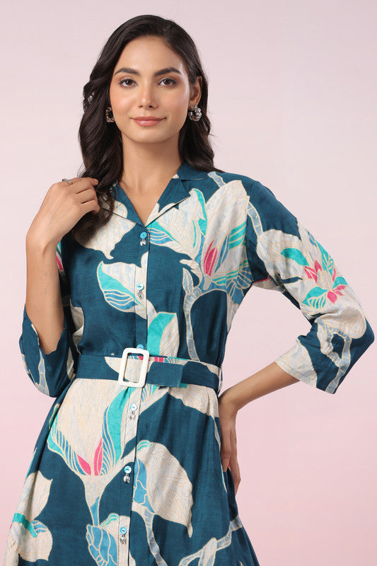 Green Tropical Charm Button-Down Muslin Silk Dress