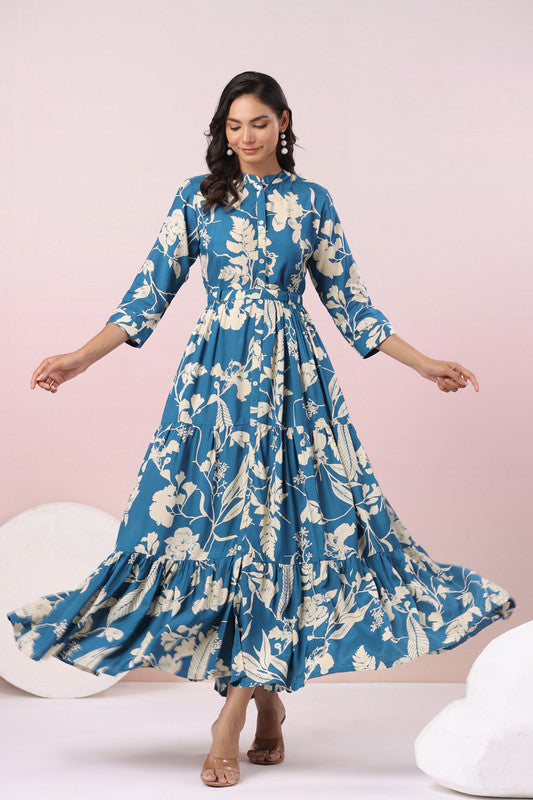 Indigo Floral Russian Silk Elegance Gown