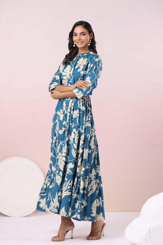 Indigo Floral Russian Silk Elegance Gown