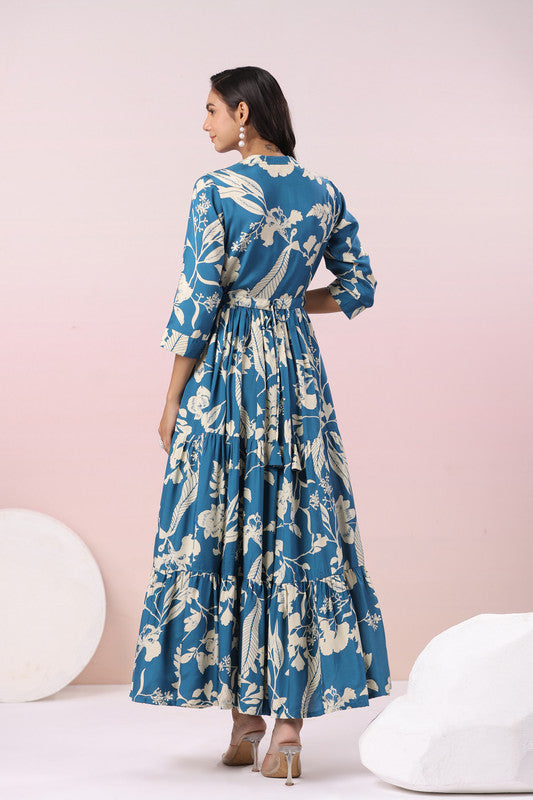 Indigo Floral Russian Silk Elegance Gown