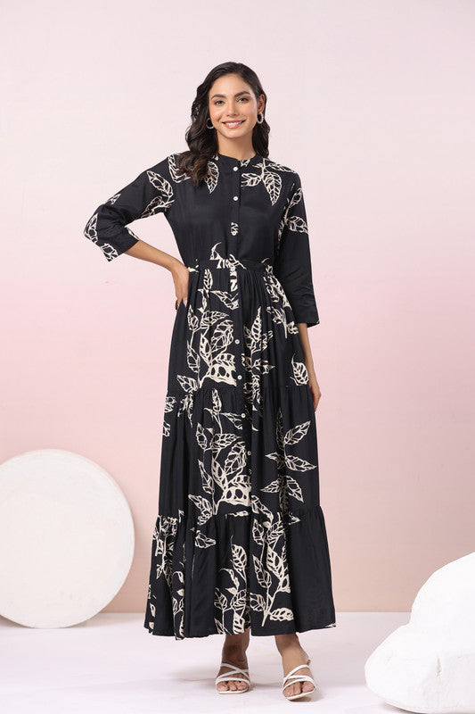 Black Floral Printed Russian Silk Maxi Dress