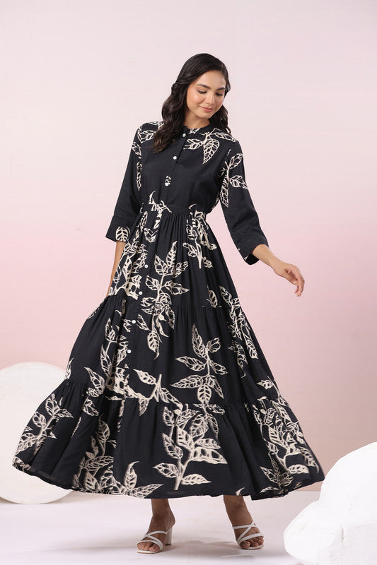 Black Floral Printed Russian Silk Maxi Dress