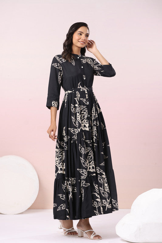 Black Floral Printed Russian Silk Maxi Dress