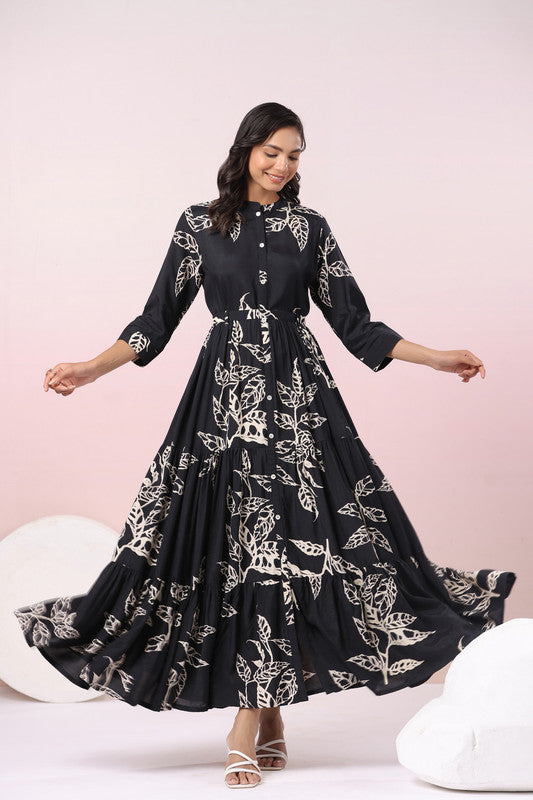 Black Floral Printed Russian Silk Maxi Dress