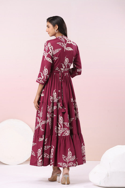 Wine Leafy Grace A-Line Russian Silk Dress