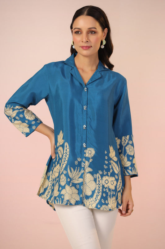 Ocean Blossom Print Blue Muslin Silk Shirt