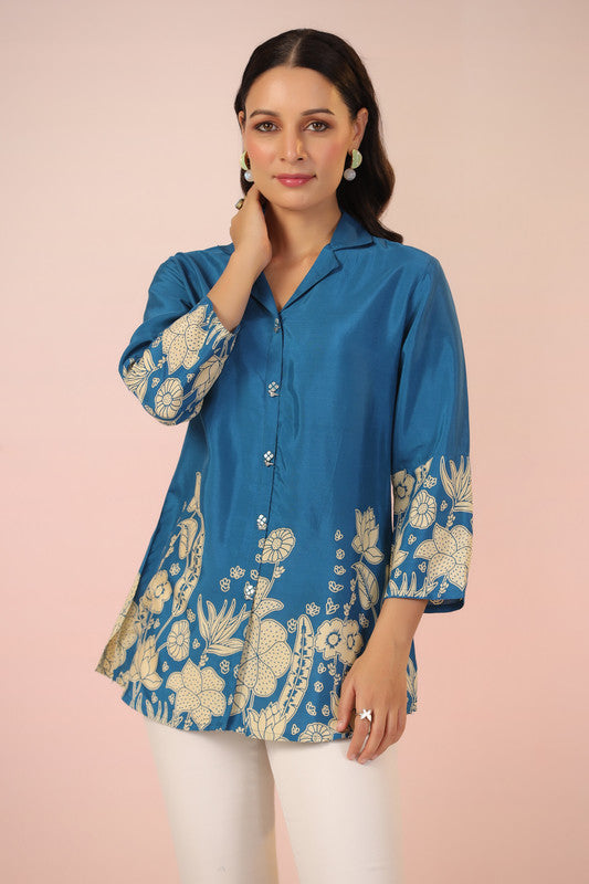 Ocean Blossom Print Blue Muslin Silk Shirt