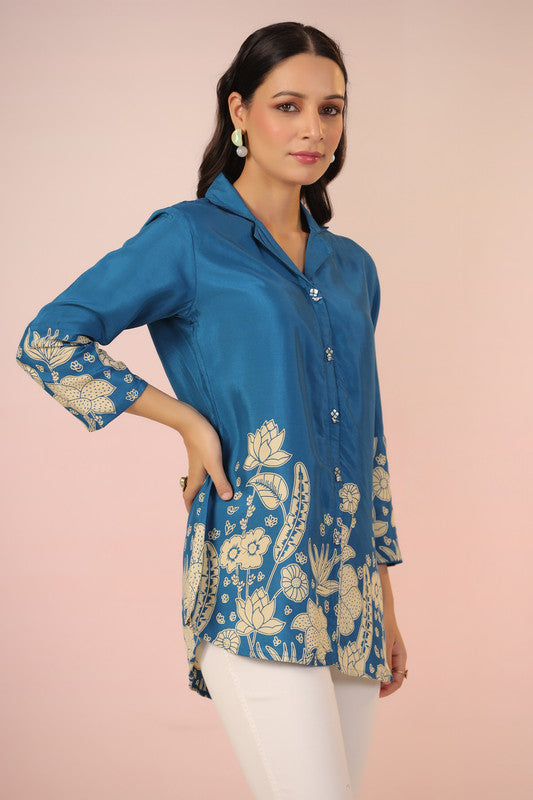 Ocean Blossom Print Blue Muslin Silk Shirt