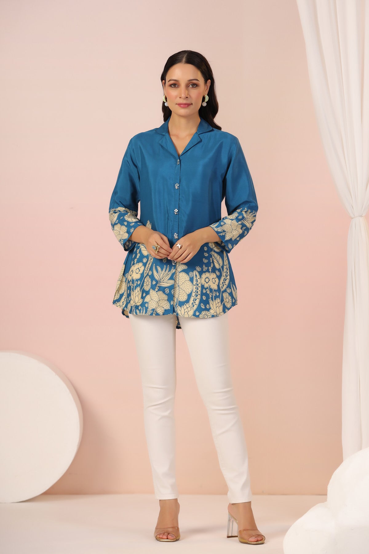 Ocean Blossom Print Blue Muslin Silk Shirt