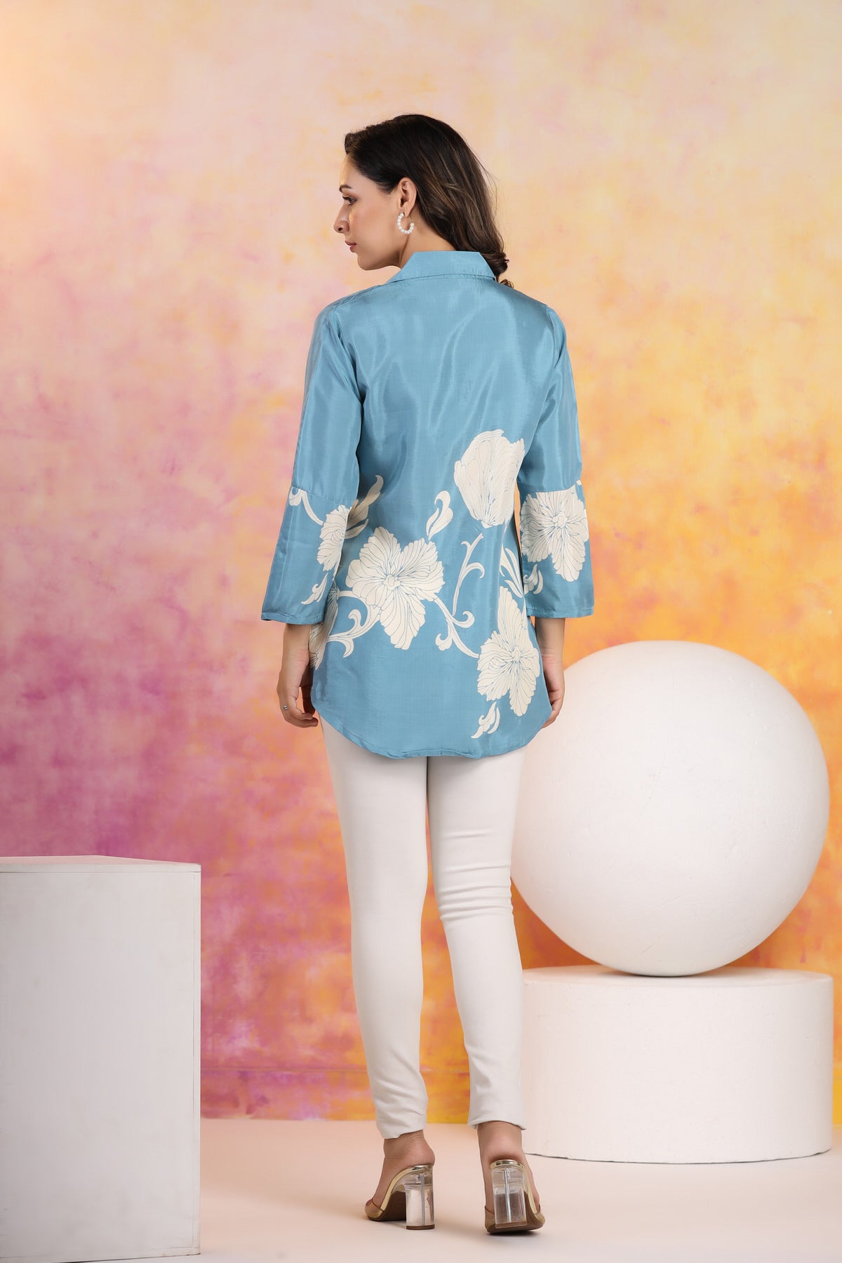 Aqua Floral Print Serenity Muslin Silk Shirt