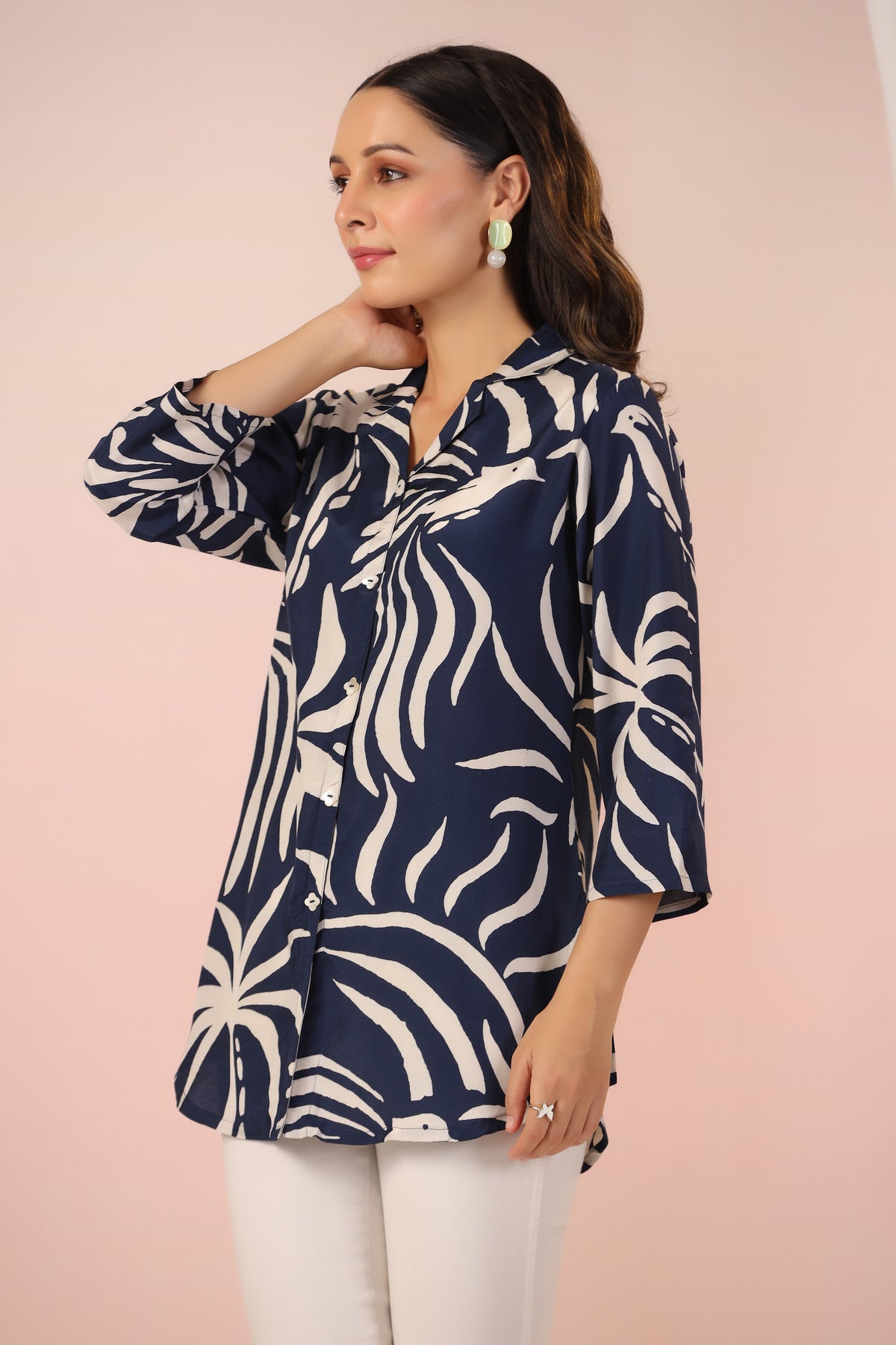 Navy Blue Serenity Leaf Bird Print Muslin Silk Shirt