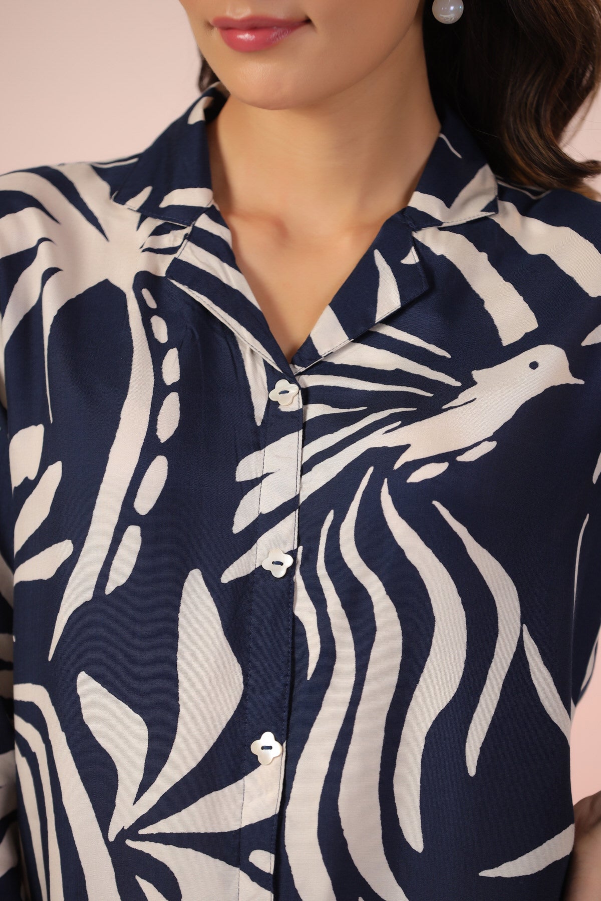 Navy Blue Serenity Leaf Bird Print Muslin Silk Shirt