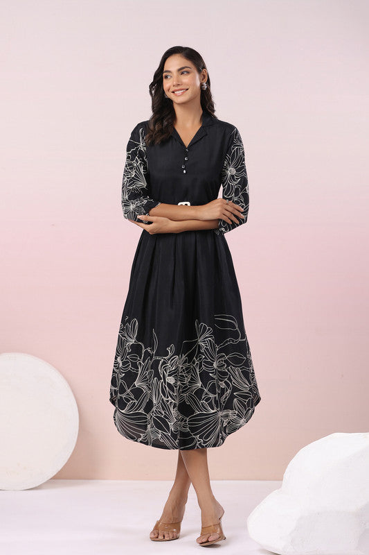 Elegant Floral Print Black Midi Russian Silk Dress