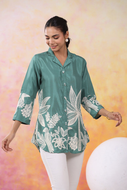 Tropical Jade Print Muslin Silk Shirt