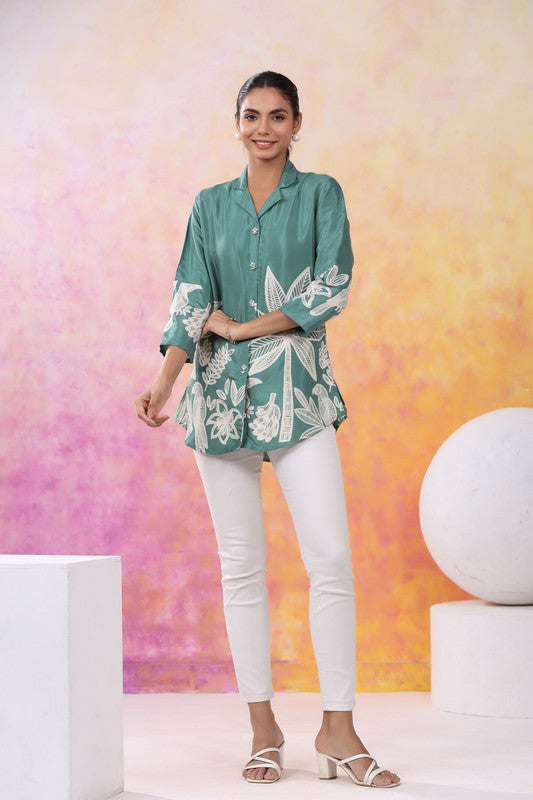 Tropical Jade Print Muslin Silk Shirt