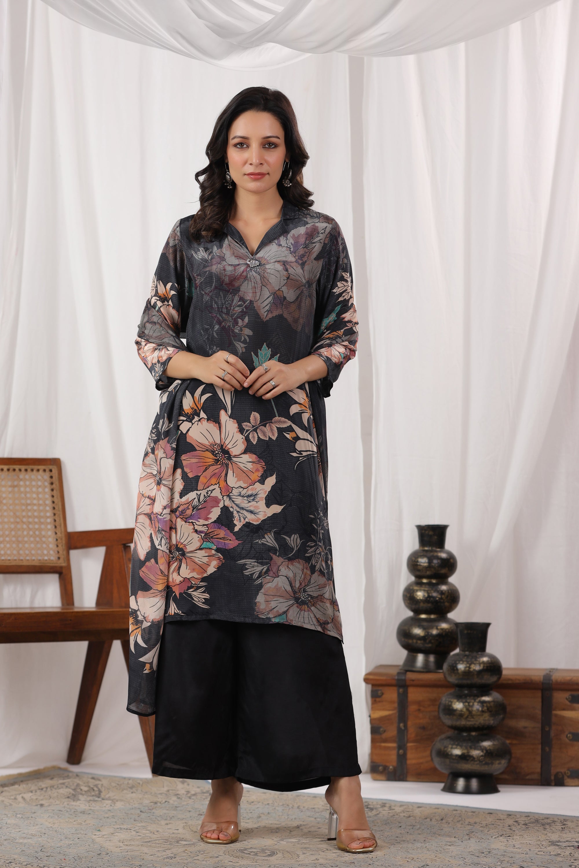 Black Floral Printed Russian Silk Straight Kurta Set with Dupatta
