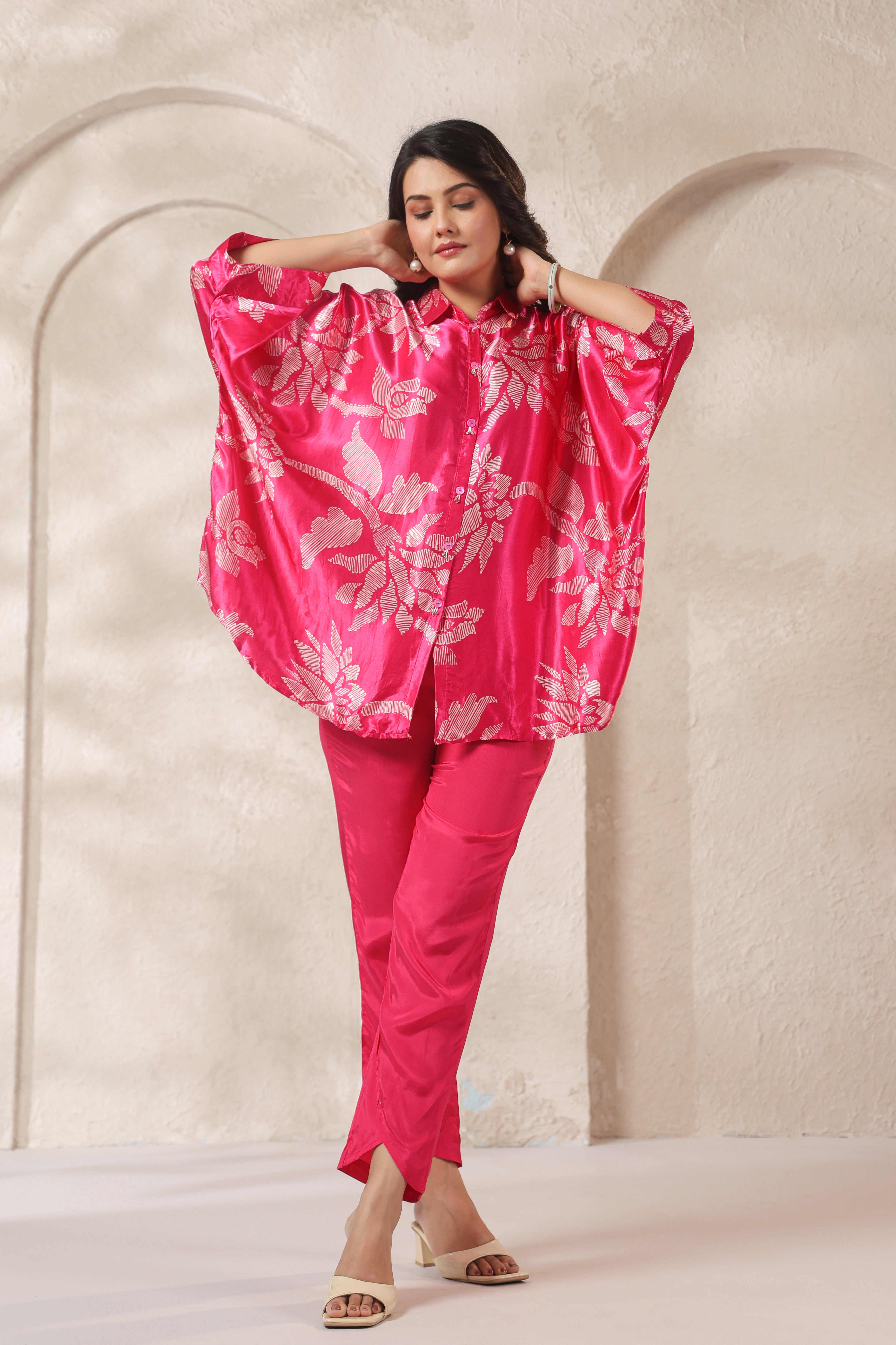 Pink Tropical Printed Russian Silk Co-ord Set