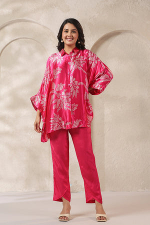 Pink Tropical Printed Russian Silk Co-ord Set
