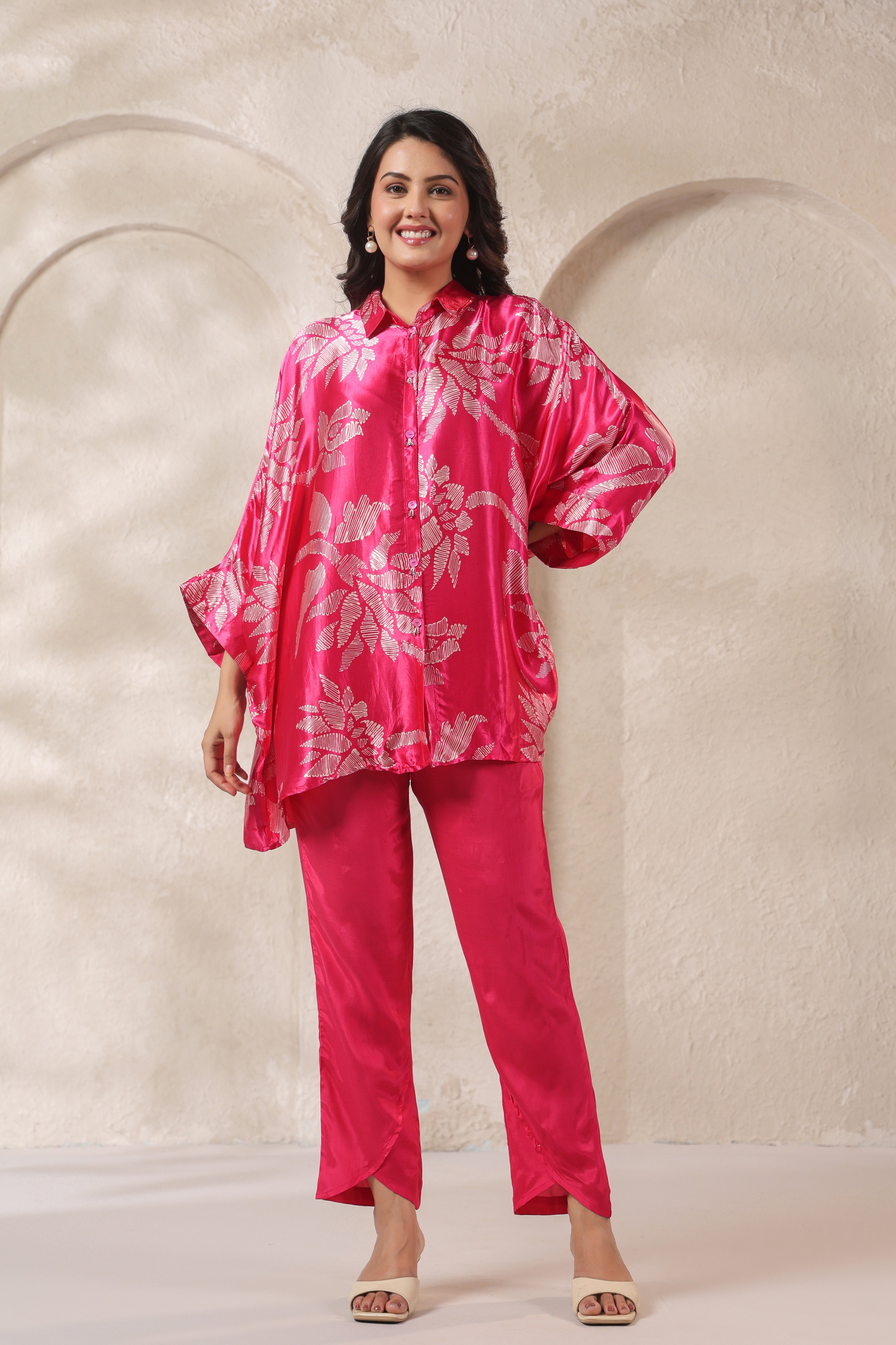 Pink Tropical Printed Russian Silk Co-ord Set