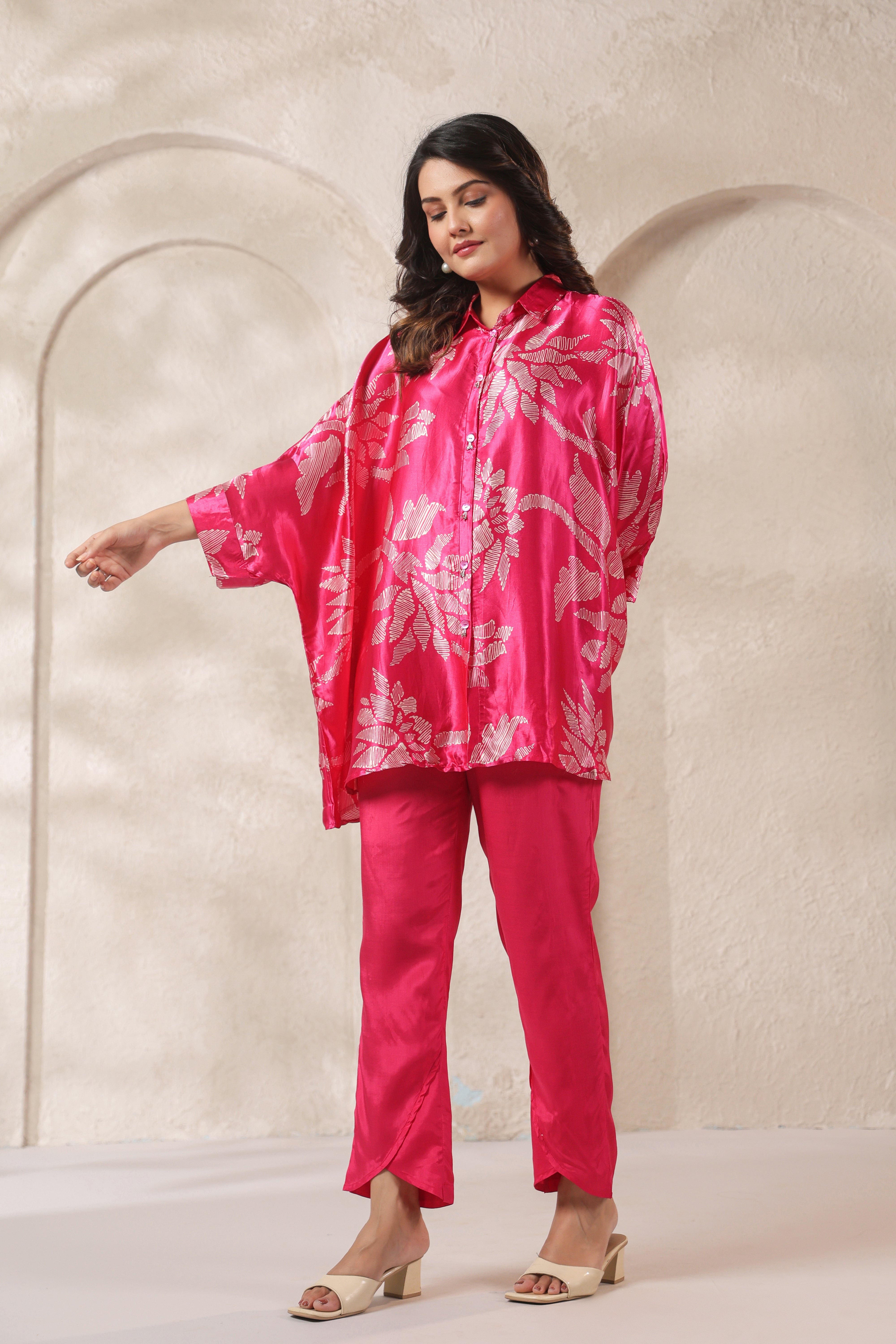 Pink Tropical Printed Russian Silk Co-ord Set