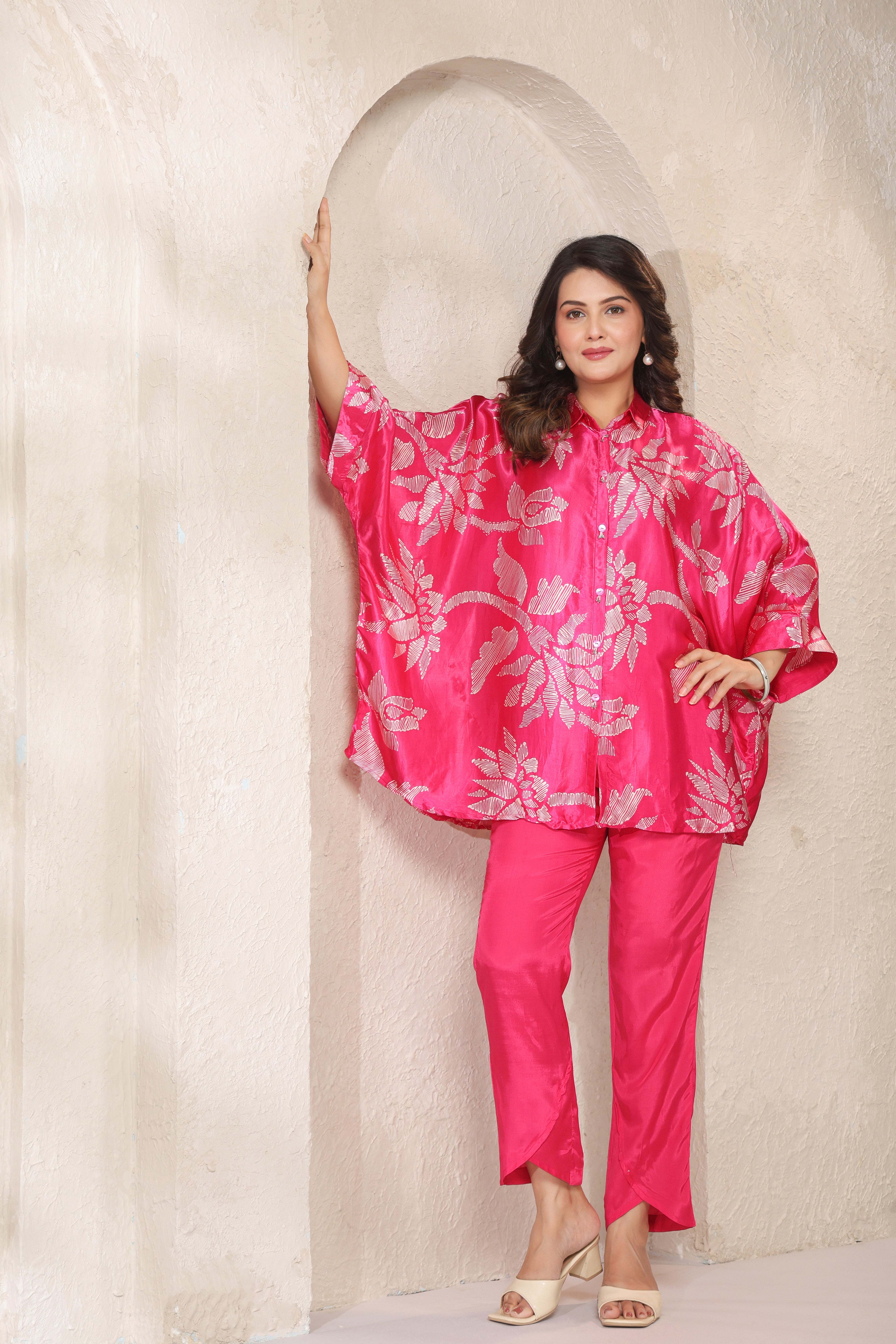 Pink Tropical Printed Russian Silk Co-ord Set