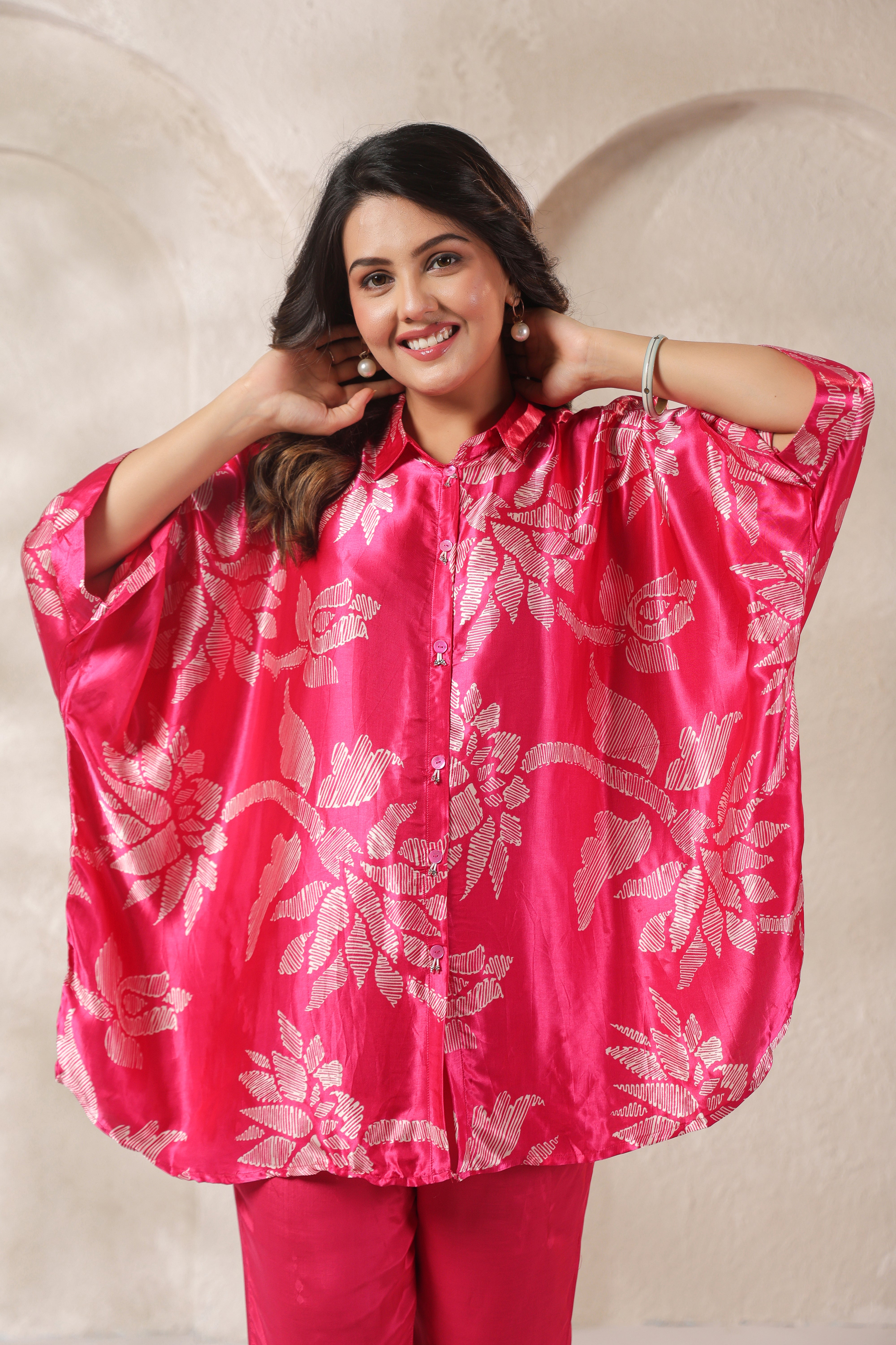 Pink Tropical Printed Russian Silk Co-ord Set