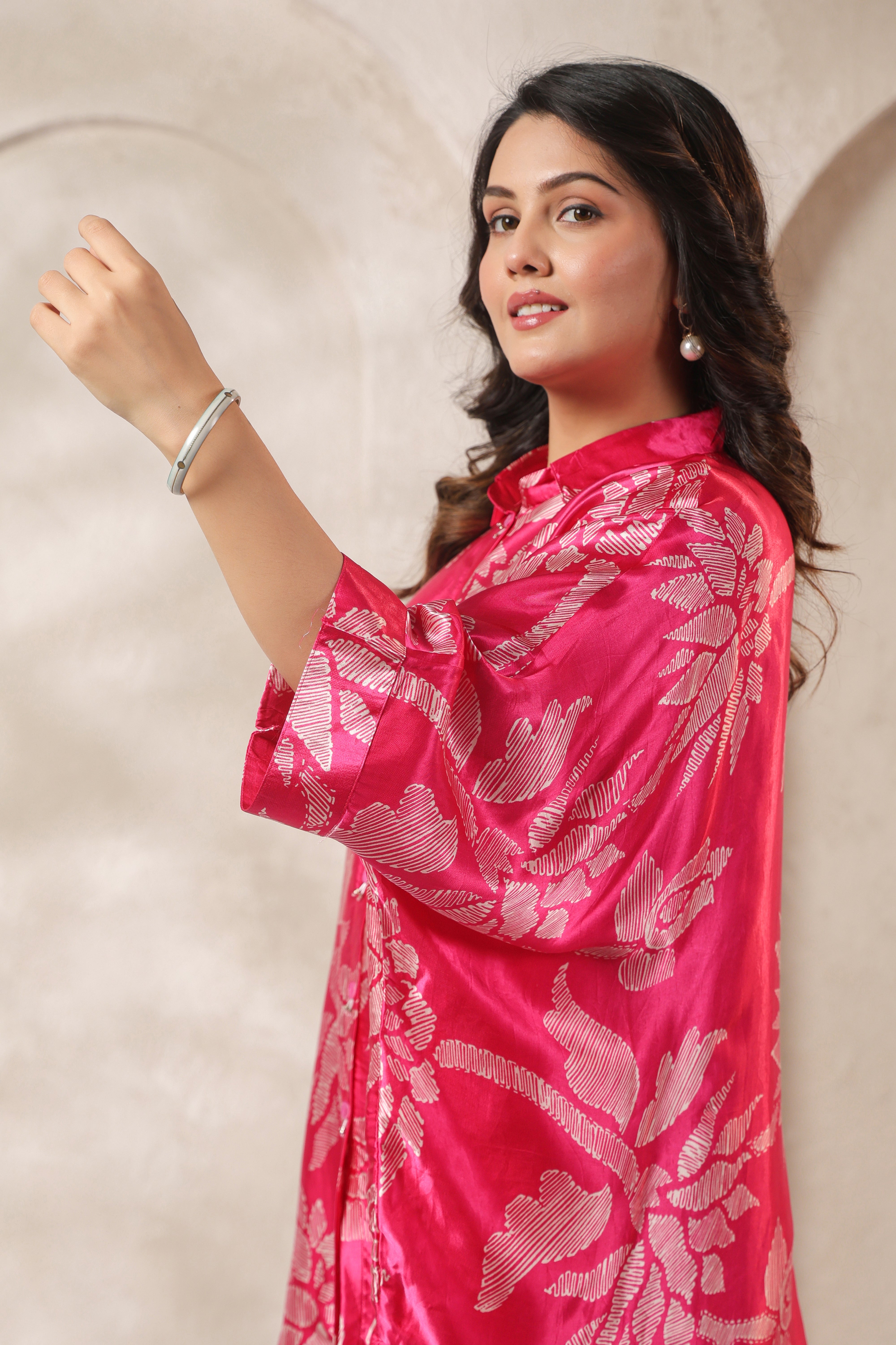 Pink Tropical Printed Russian Silk Co-ord Set