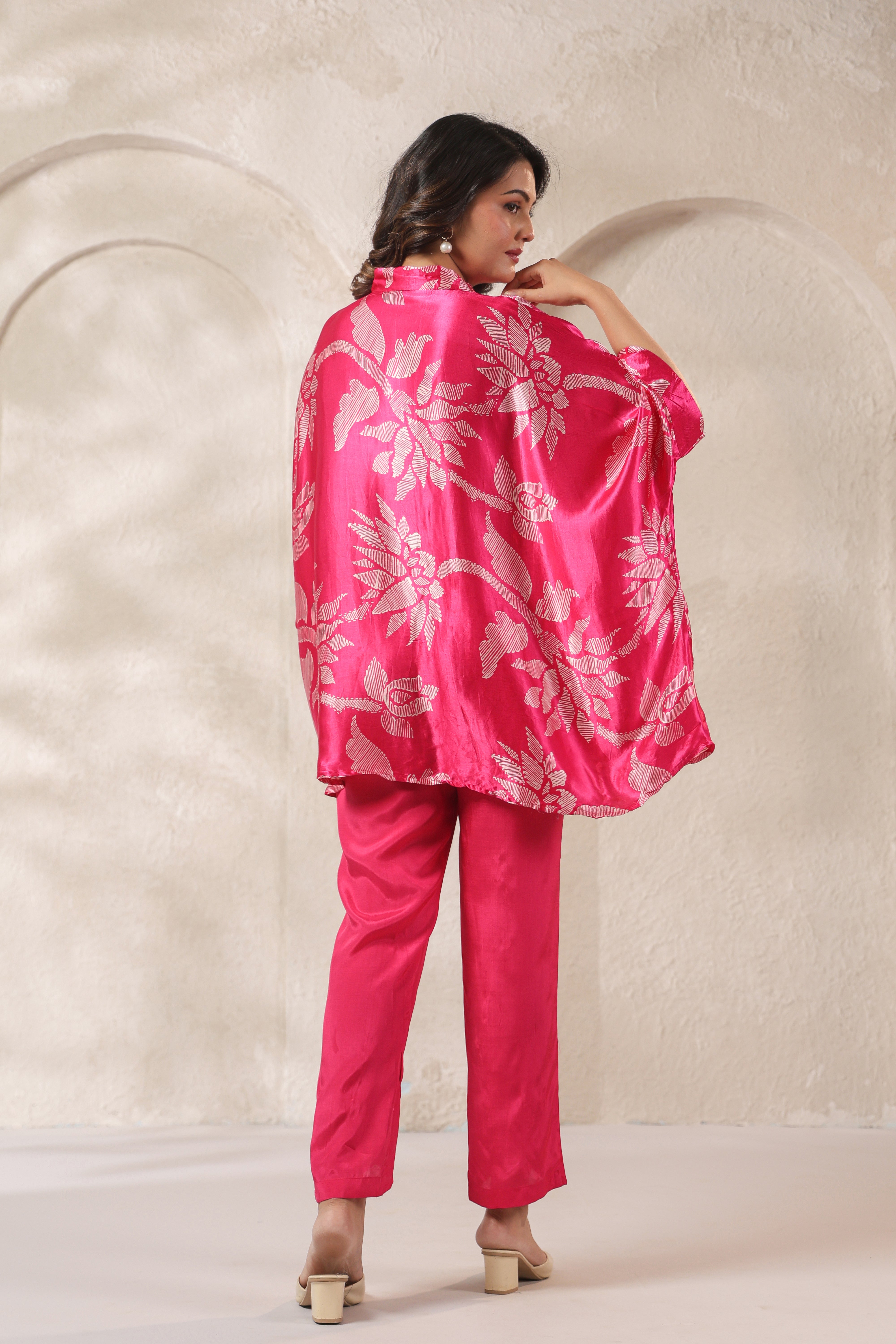 Pink Tropical Printed Russian Silk Co-ord Set