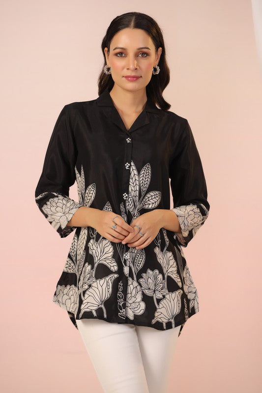 Black Botanical Bliss Russian Silk Top