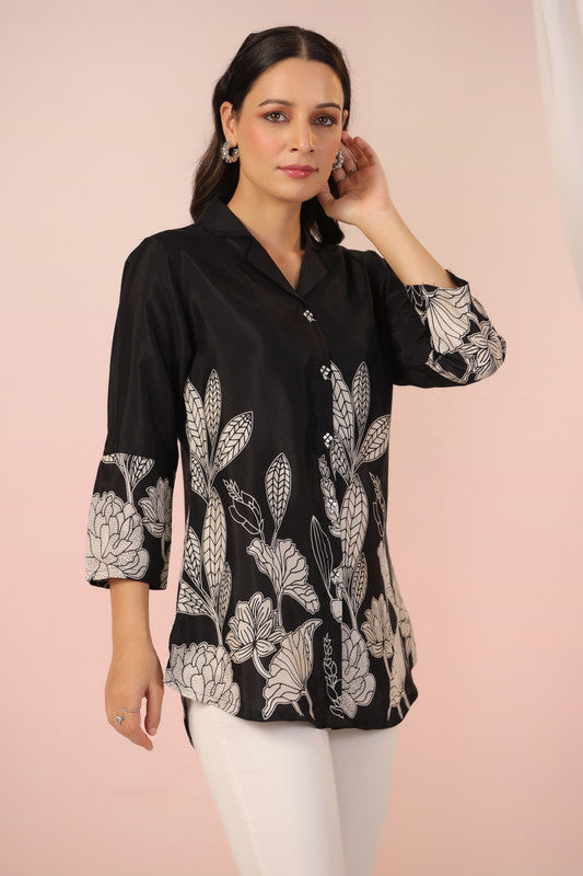 Black Botanical Bliss Russian Silk Top