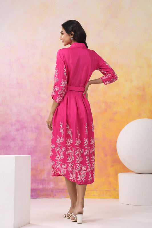 Floral Fuchsia Belted Russian Silk Dress