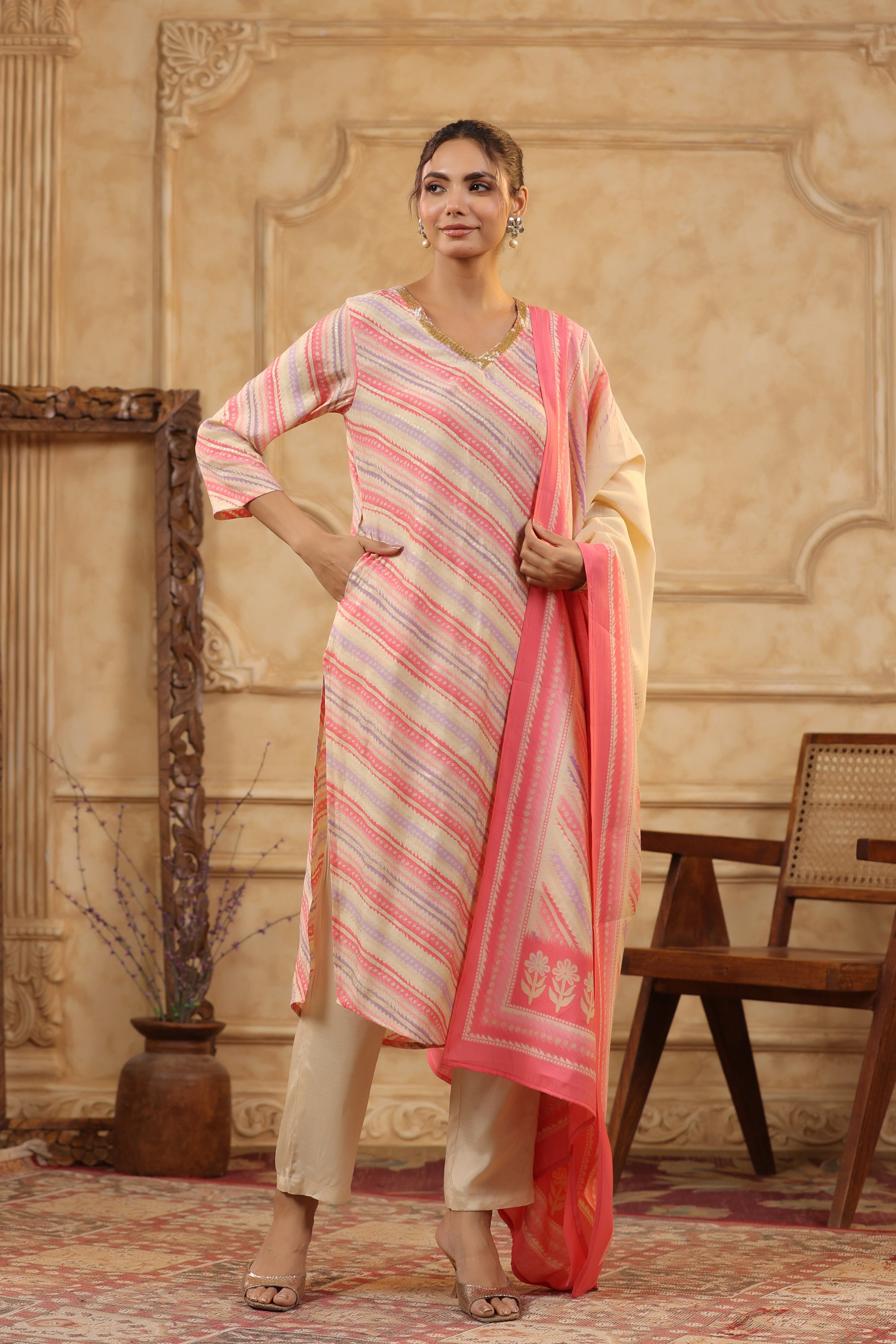 Blush Pink Diagonal Stripe Printed Russian Silk Kurta Pant Set with Dupatta