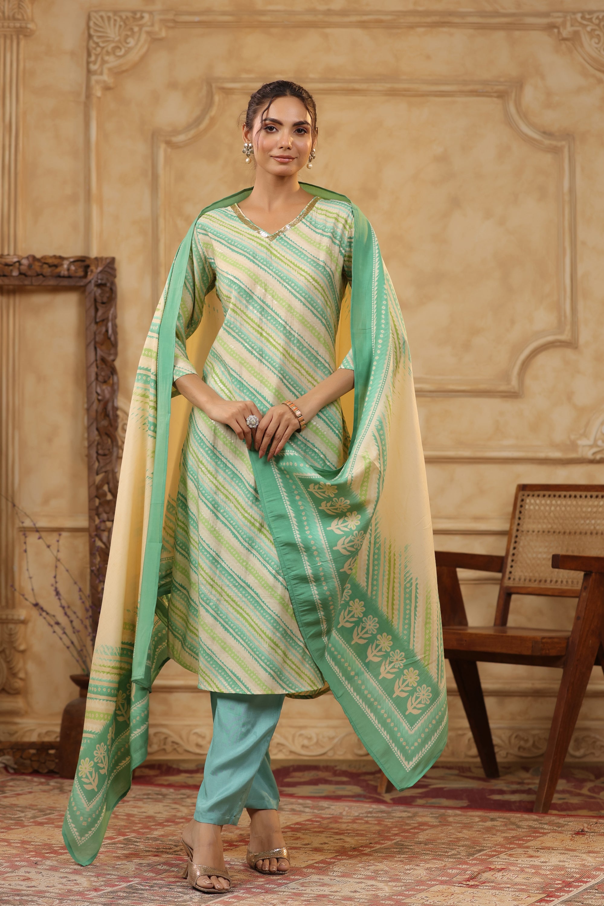 Green Leheriya Printed Russian Silk Straight Kurta Set with Dupatta