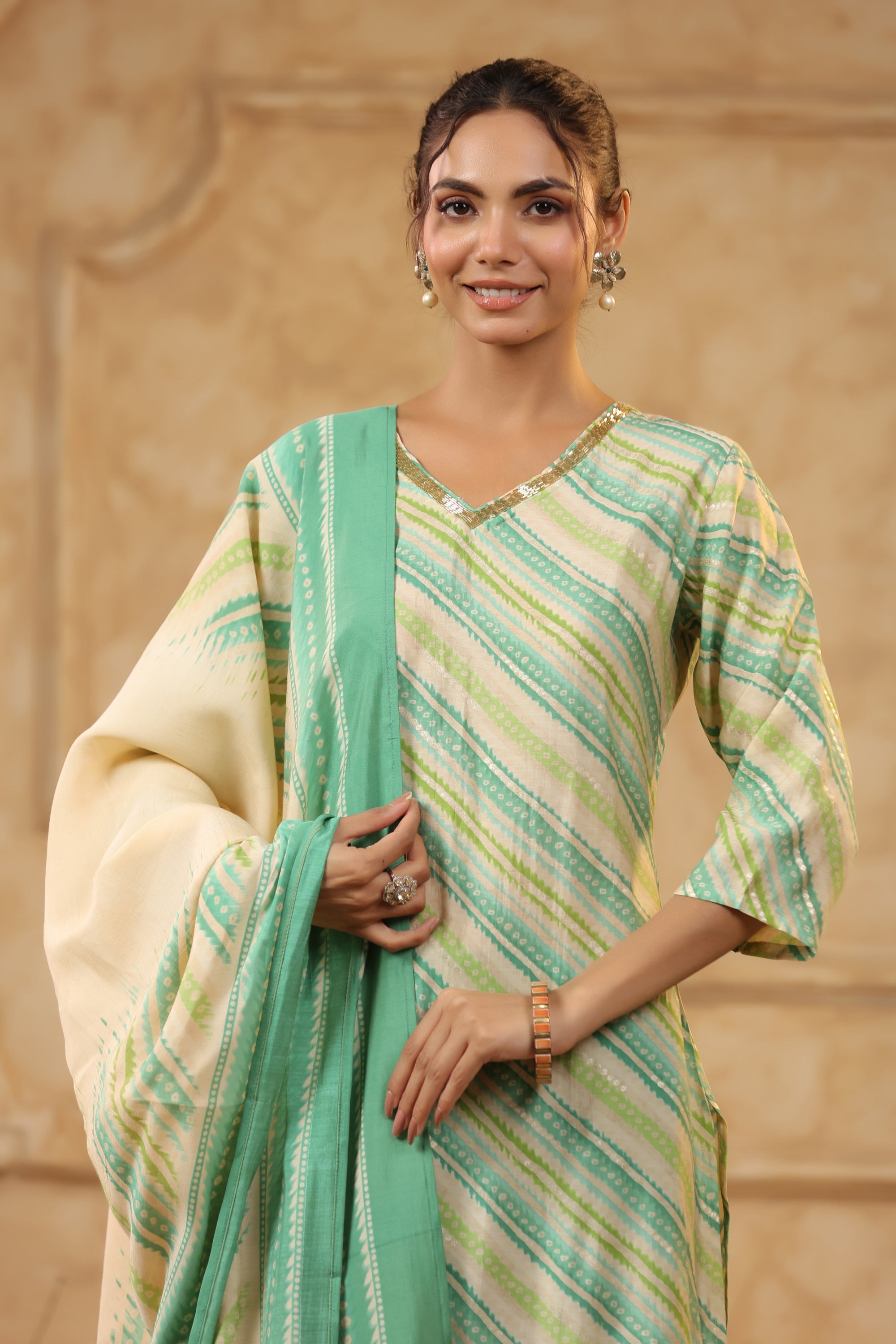 Green Leheriya Printed Russian Silk Straight Kurta Set with Dupatta