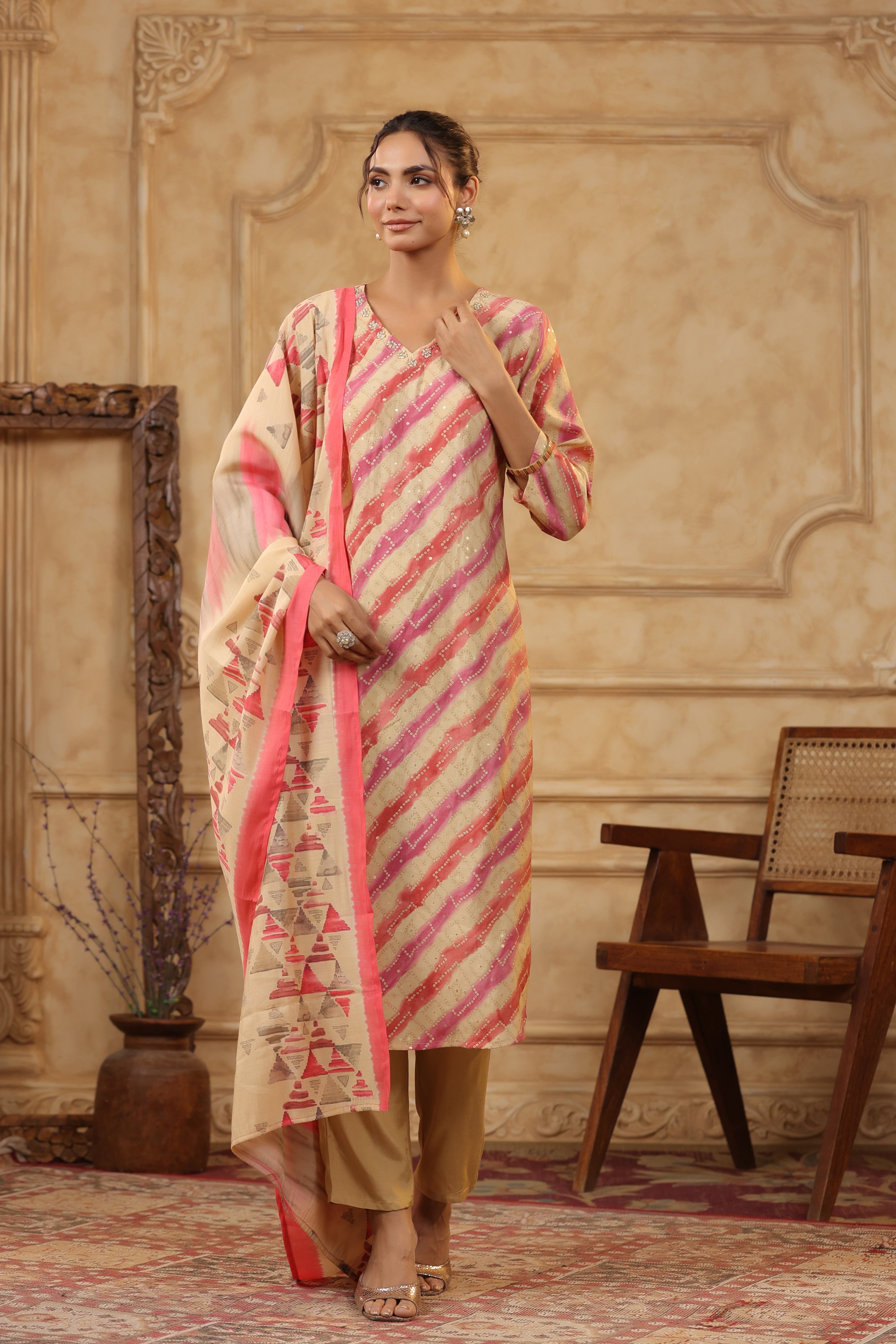 Multicolour Traditional Leheriya Printed Russian Kurta Pant Set with Dupatta