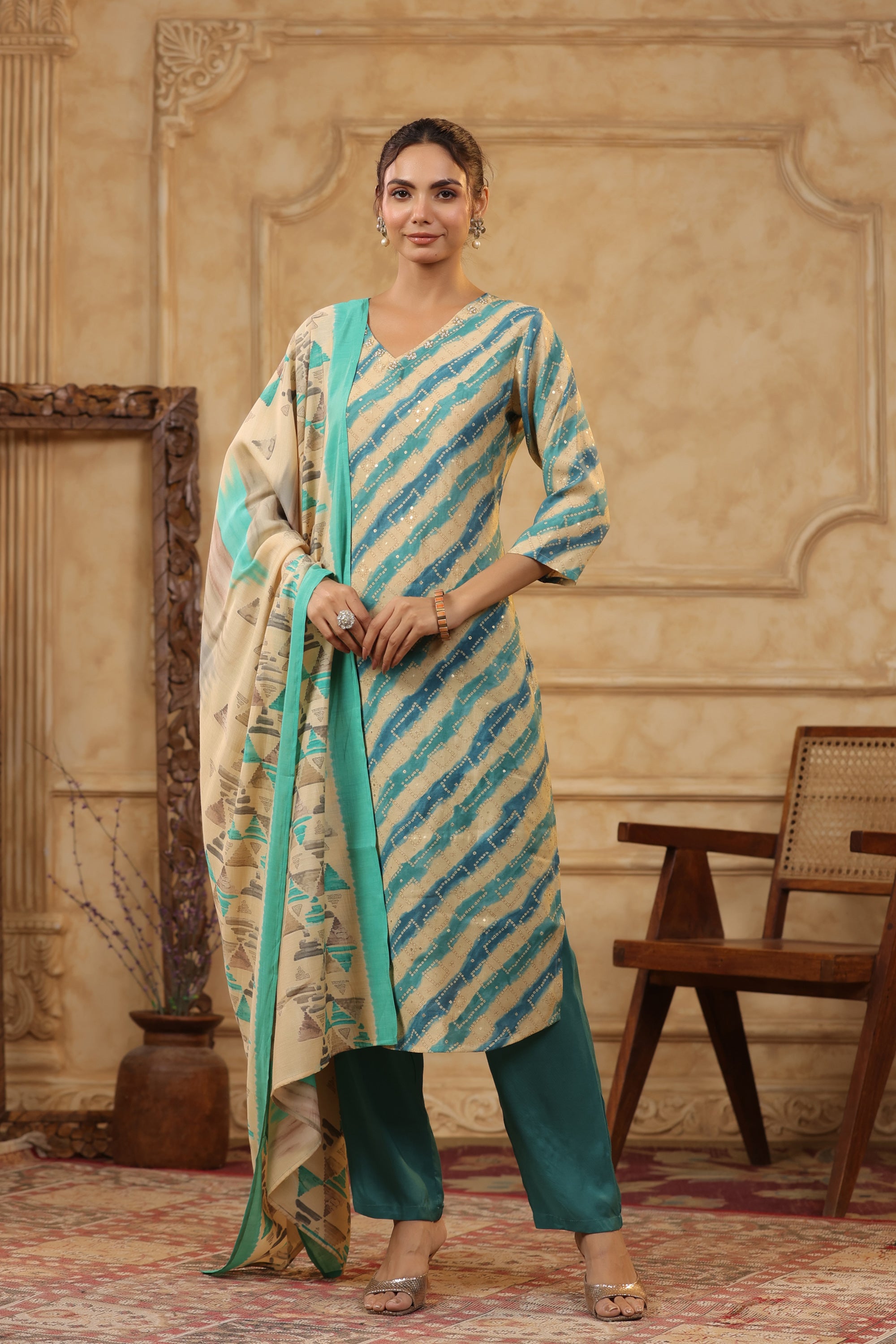Multicolour Leheriya Printed Russian Silk Straight Kurta Set with Dupatta
