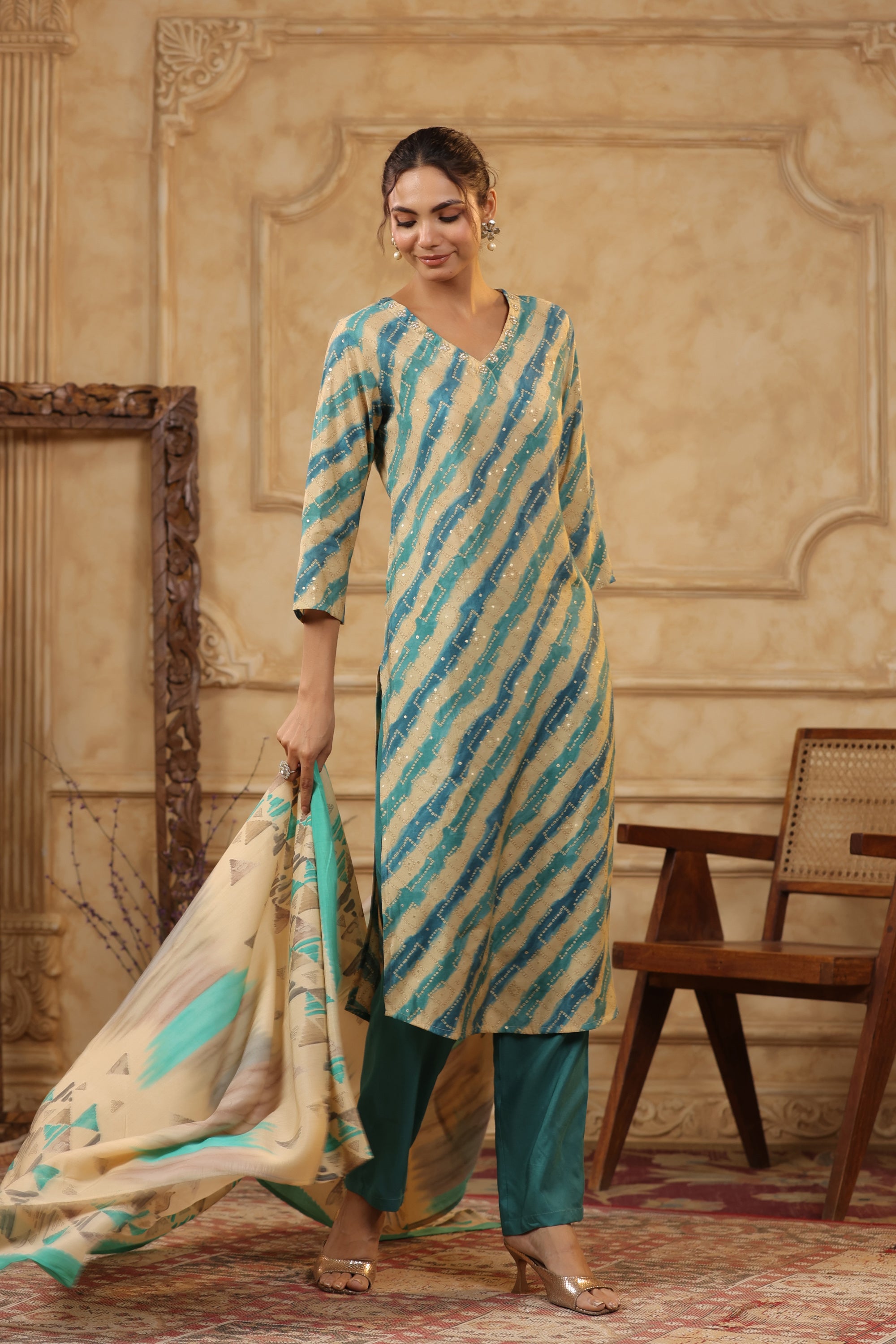 Multicolour Leheriya Printed Russian Silk Straight Kurta Set with Dupatta