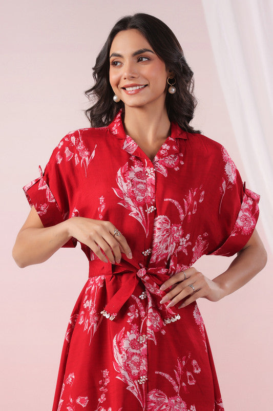 Red Scarlet Bloom Belted Russian Silk Dress