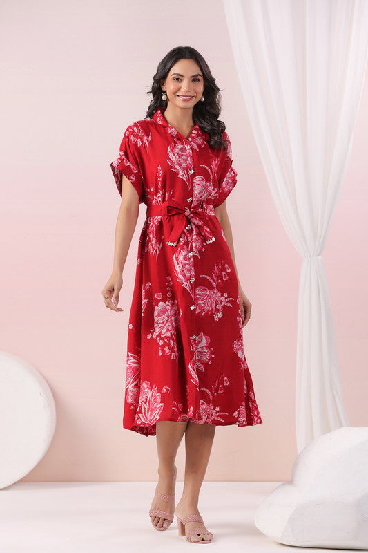 Red Scarlet Bloom Belted Russian Silk Dress