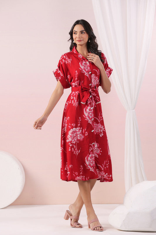 Red Scarlet Bloom Belted Russian Silk Dress