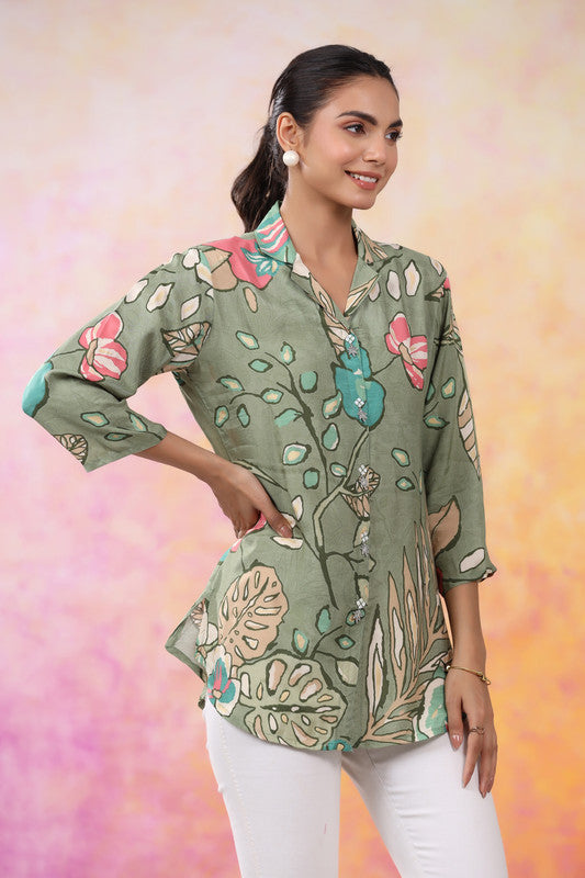 Bohemian Blossom Print Green Muslin Silk Shirt