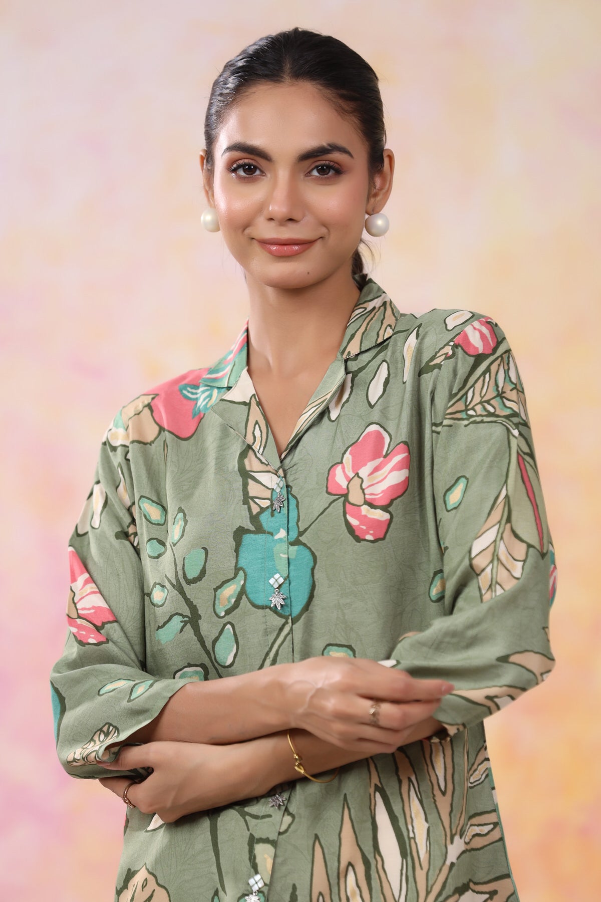 Bohemian Blossom Print Green Muslin Silk Shirt